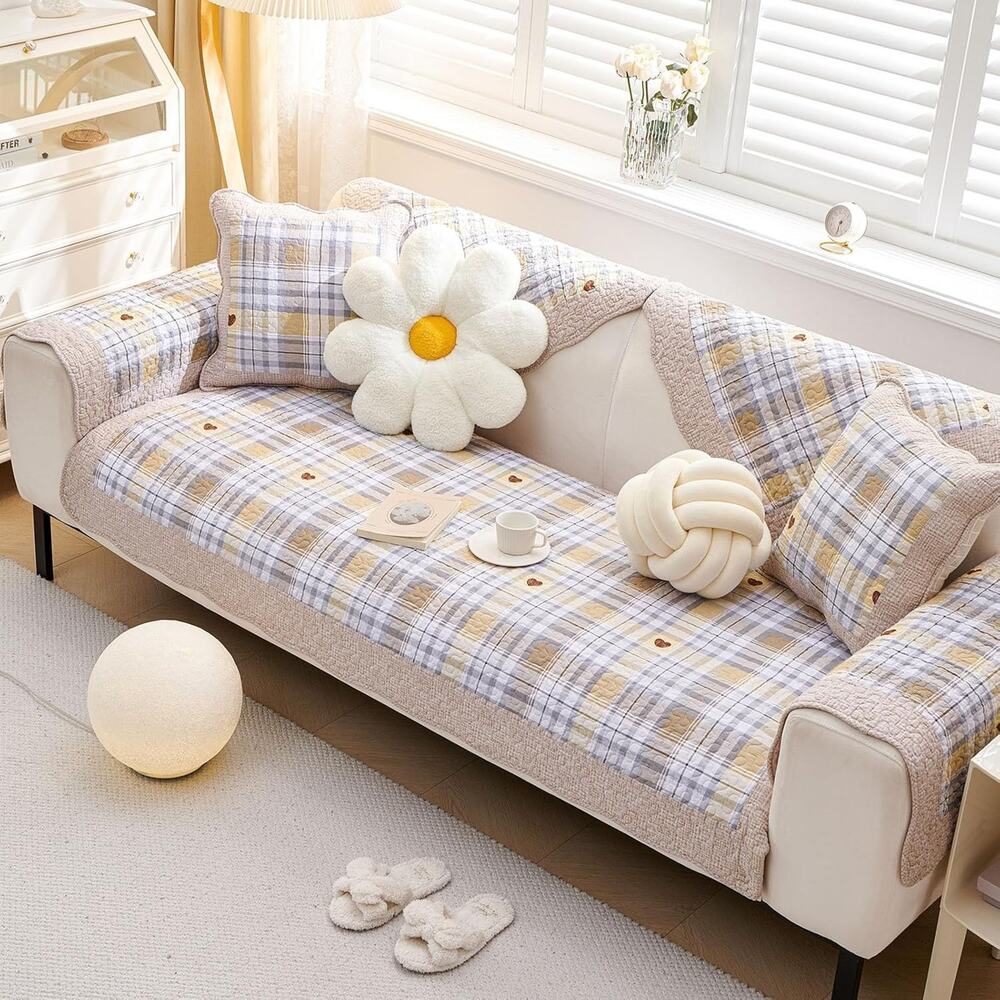 vctops Farmhouse Buffalo Check Plaid Cotton Sofa Couch Cover Patchwork Quilted - Picture 3 of 5